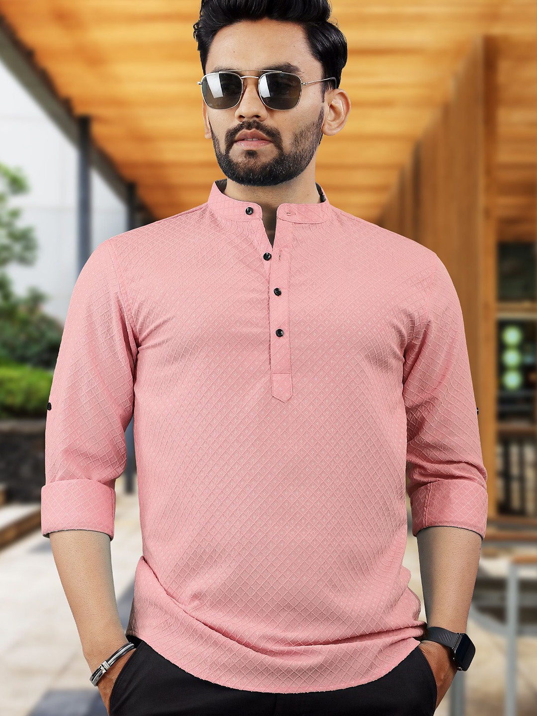 

VeBNoR Men Thread Work Dobby Kurta, Pink