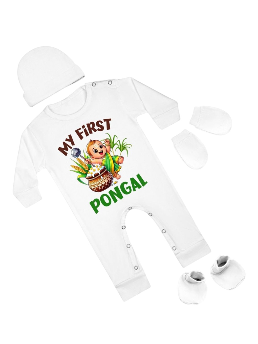 

Arvesa Infants My First Pongal Printed Bodysuit with Cap Booties Mitten, White