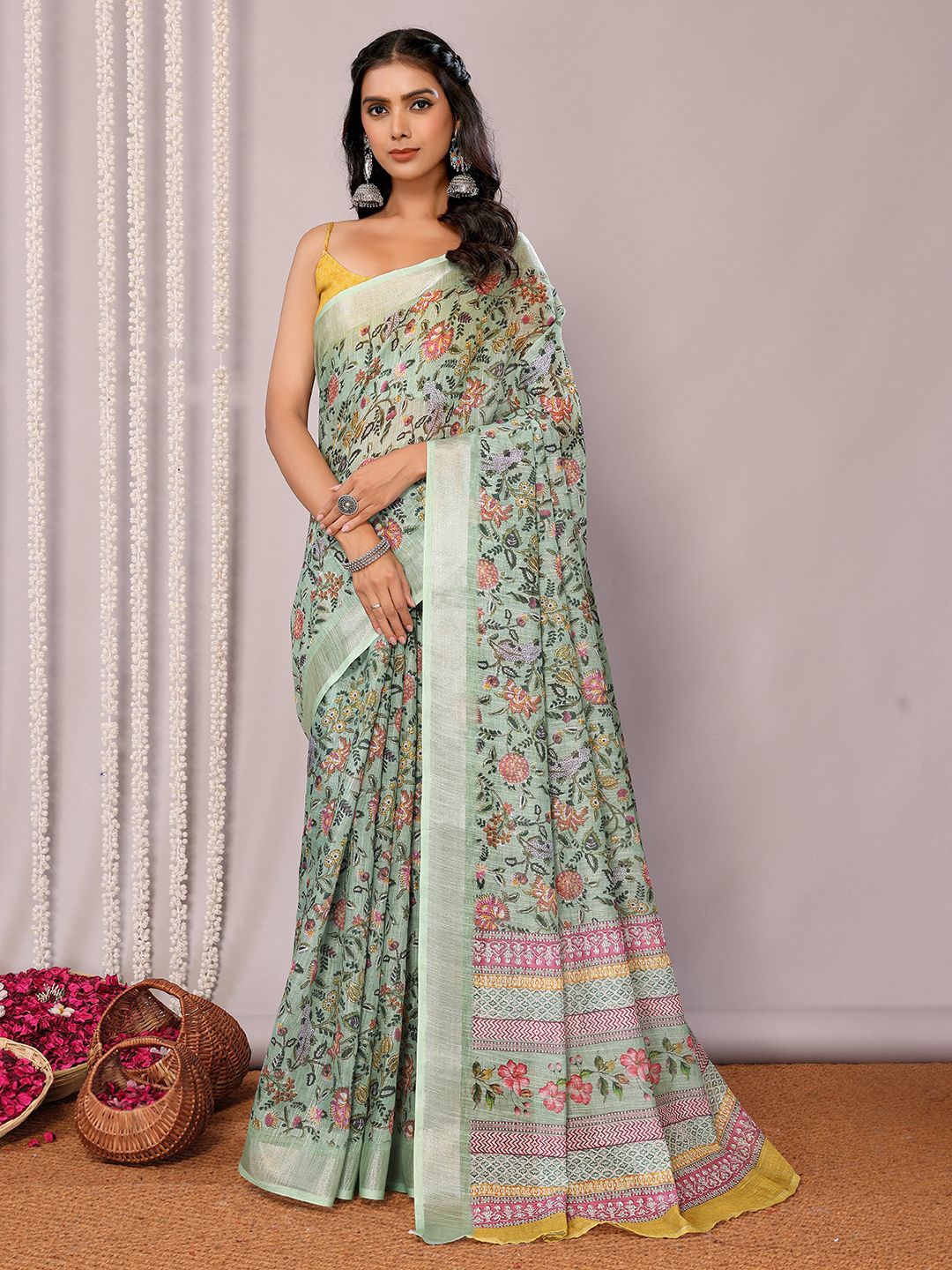 

Janasya Women Linen Blend Floral Printed Saree With Unstitched Blouse Piece, Green