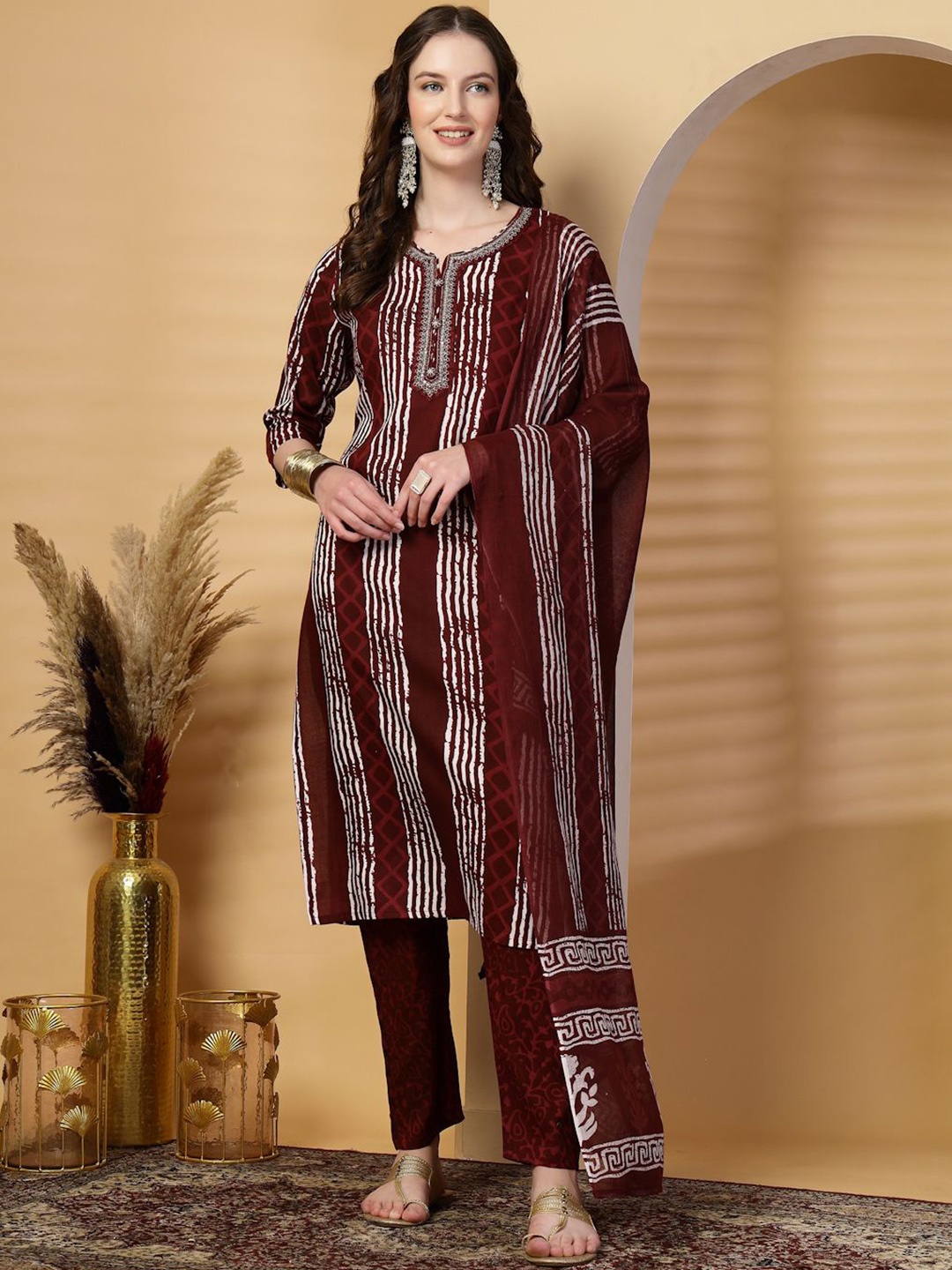 

Clora Creation Striped Printed & Embroidered Kurta With Trousers & Dupatta, Maroon
