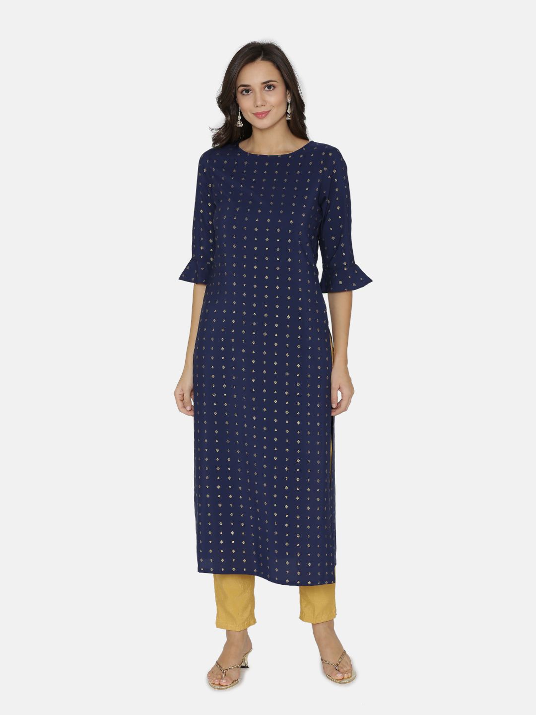 

VEGAL Geometric Printed Bell Sleeves Kurta, Blue