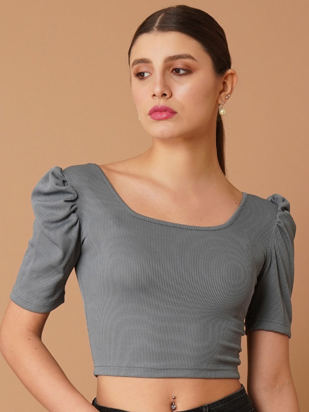 

Chemistry Puff Sleeve Crepe Crop Top, Grey