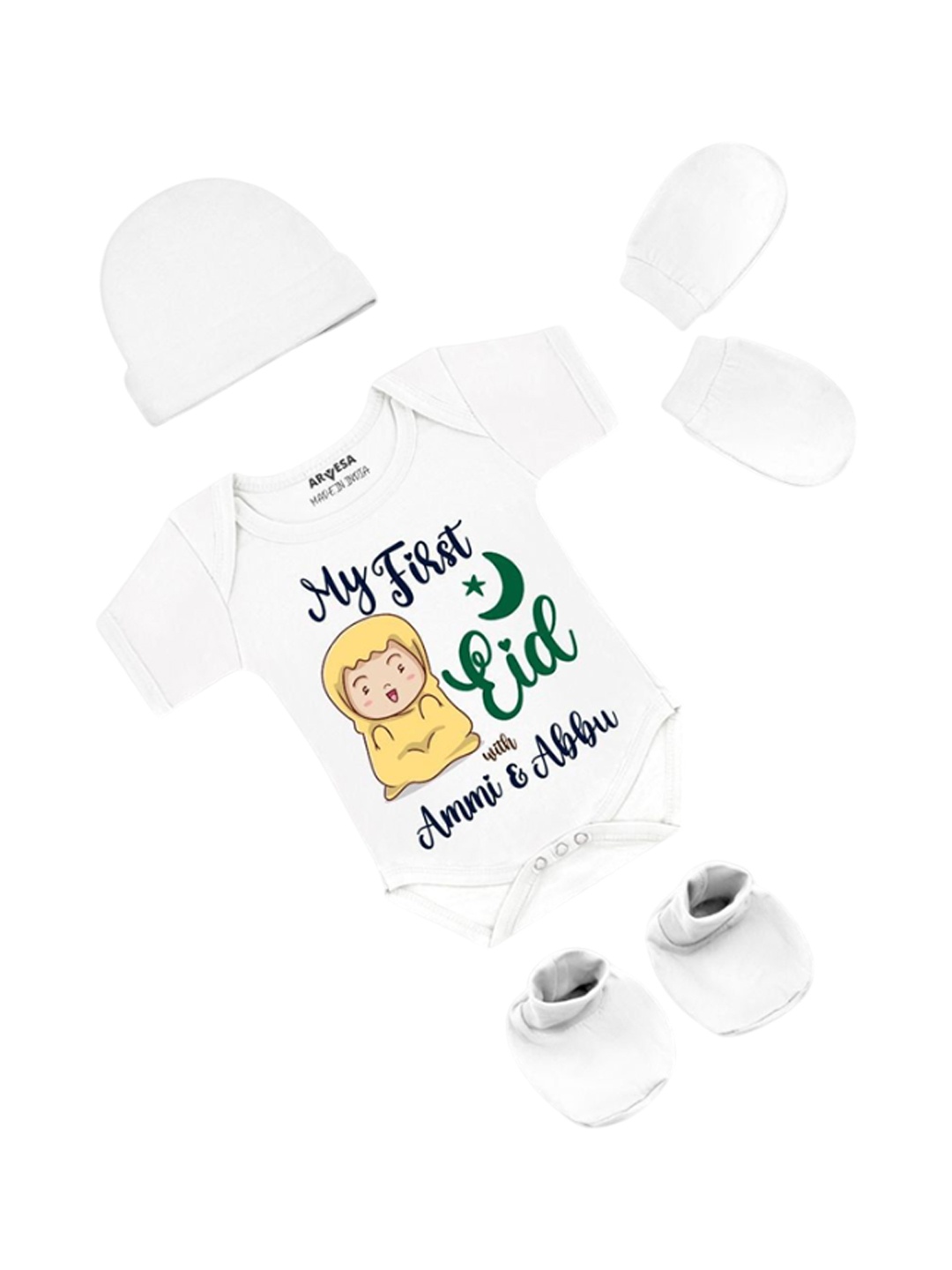 

Arvesa Infants My First Eid Printed Bodysuit with Cap Booties Mitten, White