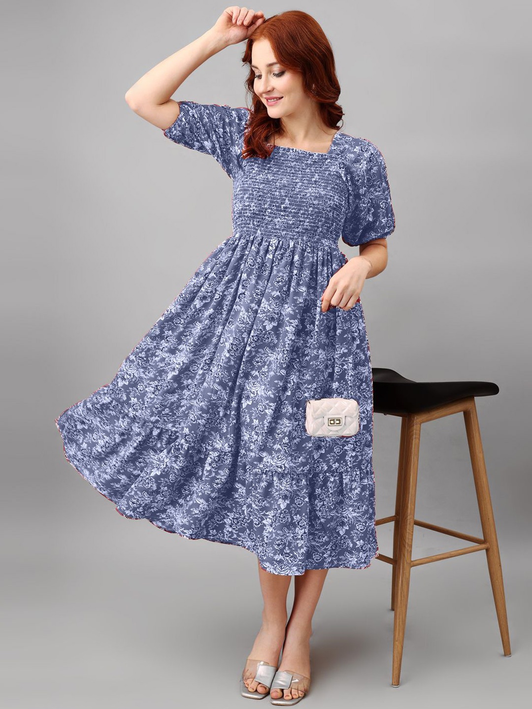 

Raiyani Fashion Floral Print Puff Sleeve Applique Fit & Flare Midi Dress, Blue