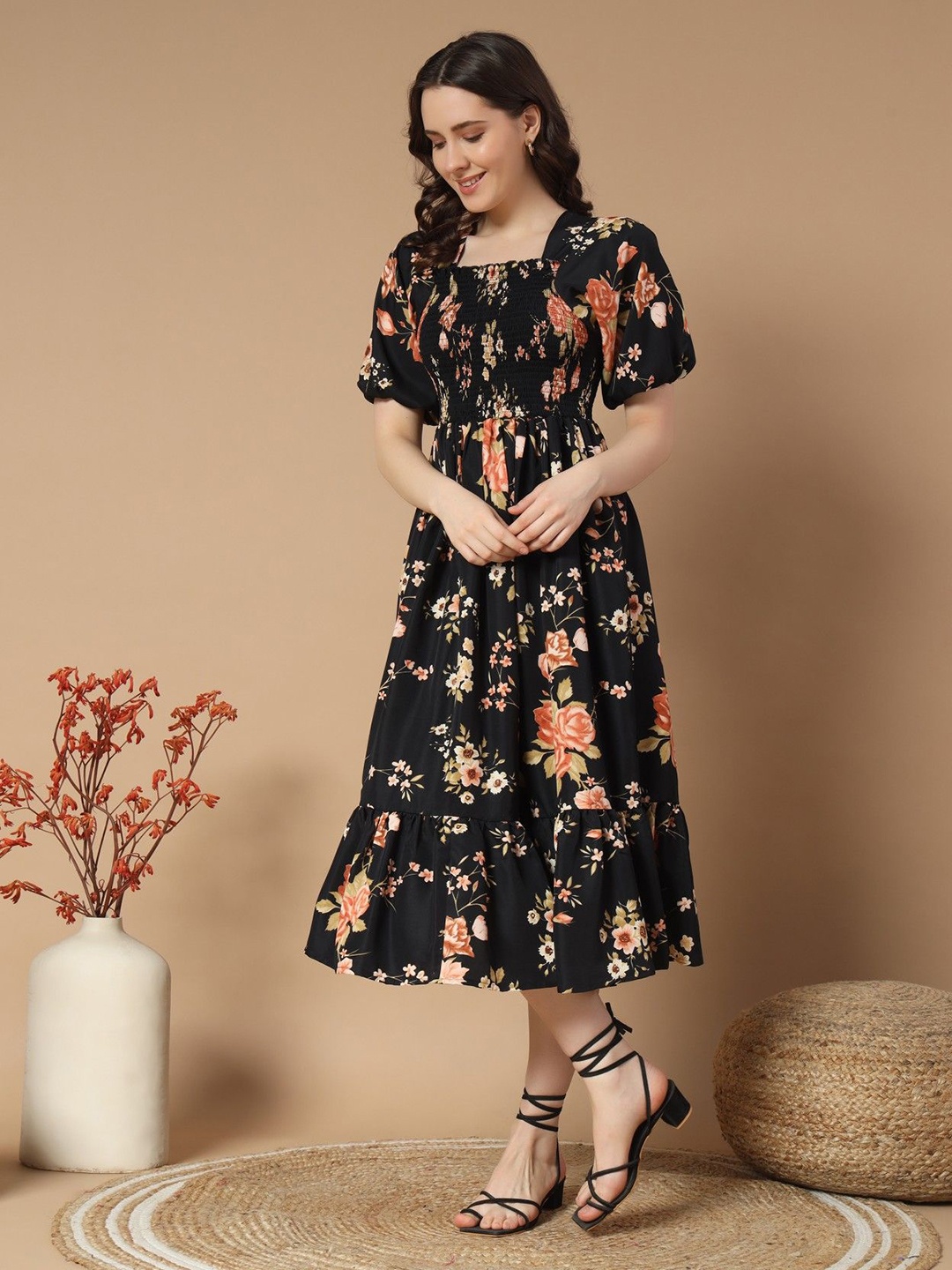 

Raiyani Fashion Print Puff Sleeve Crepe Fit & Flare Dress, Gold