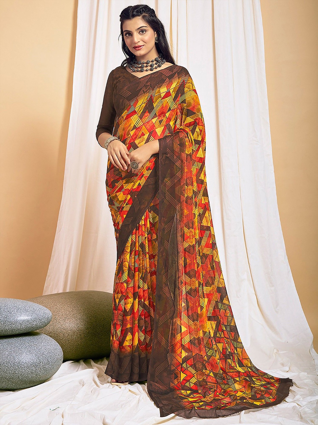 

LeeliPeeri Designer Poly Chiffon Saree, Brown
