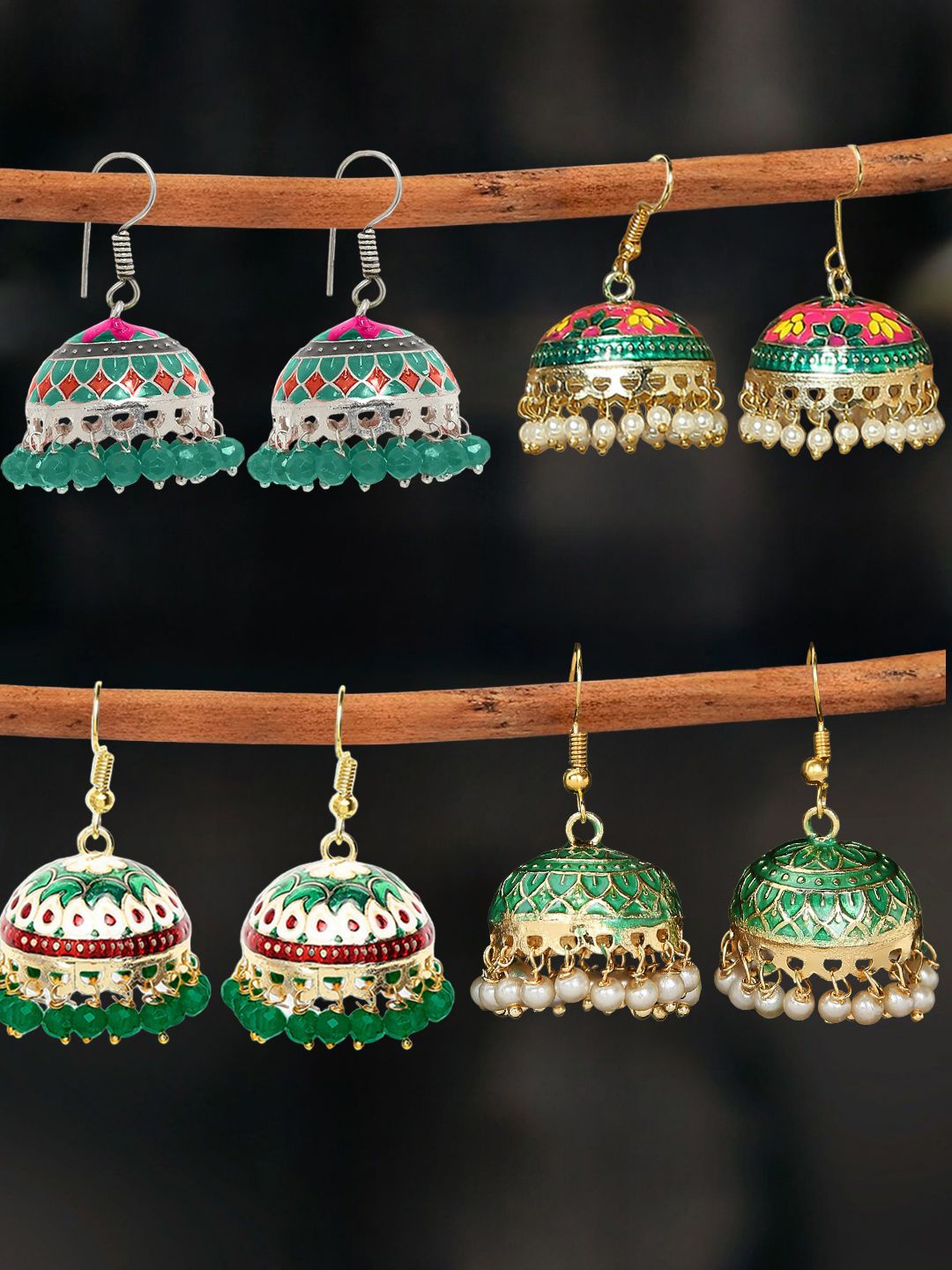

Anouk Set of 4 Artificial Beaded Enamelled Meenakari Dome Shaped Jhumkas, Green