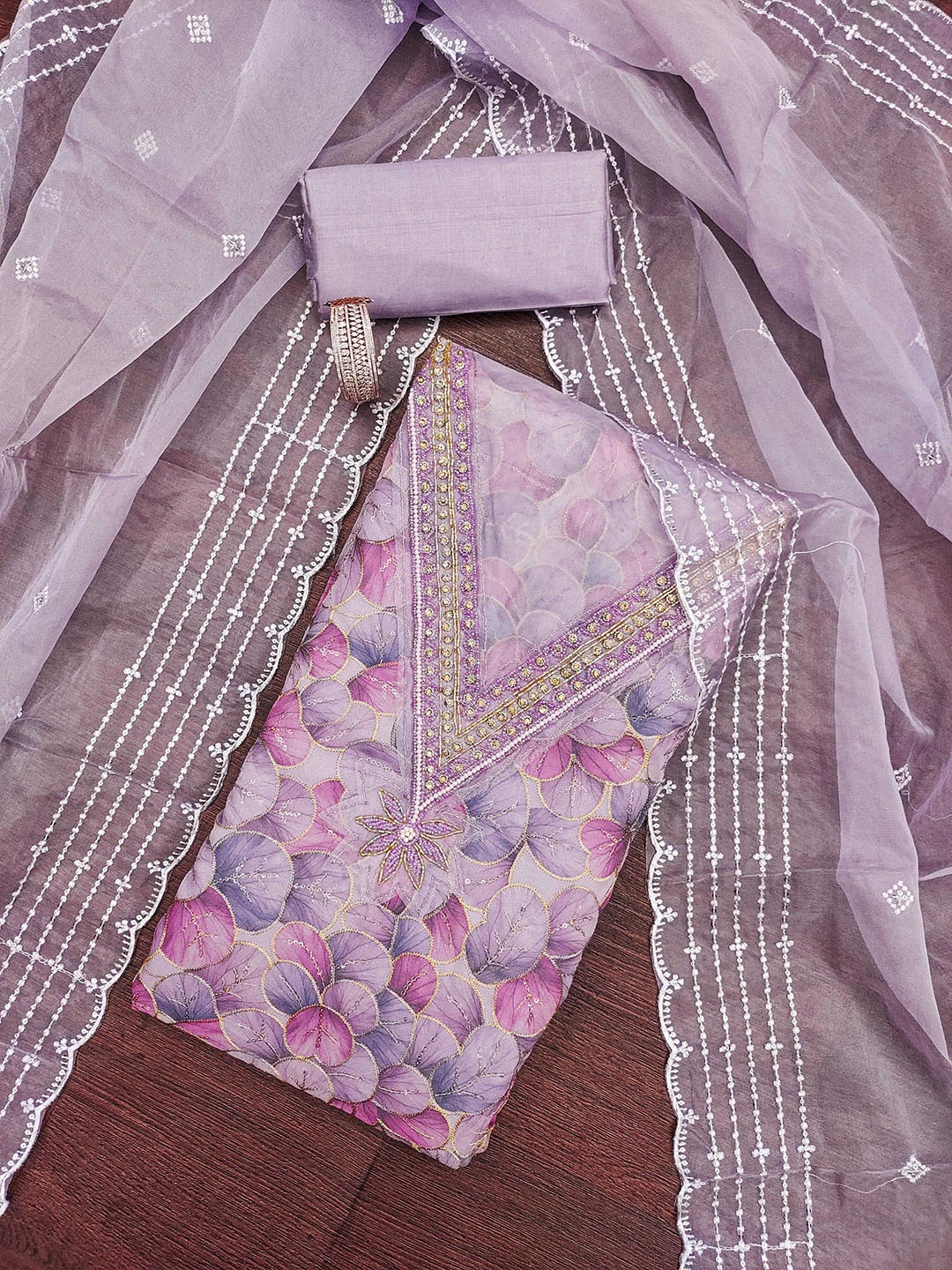 

SHADOW & SAINING Floral Embroidered Sequnnied Organza Semi-Stitched Dress Material, Lavender