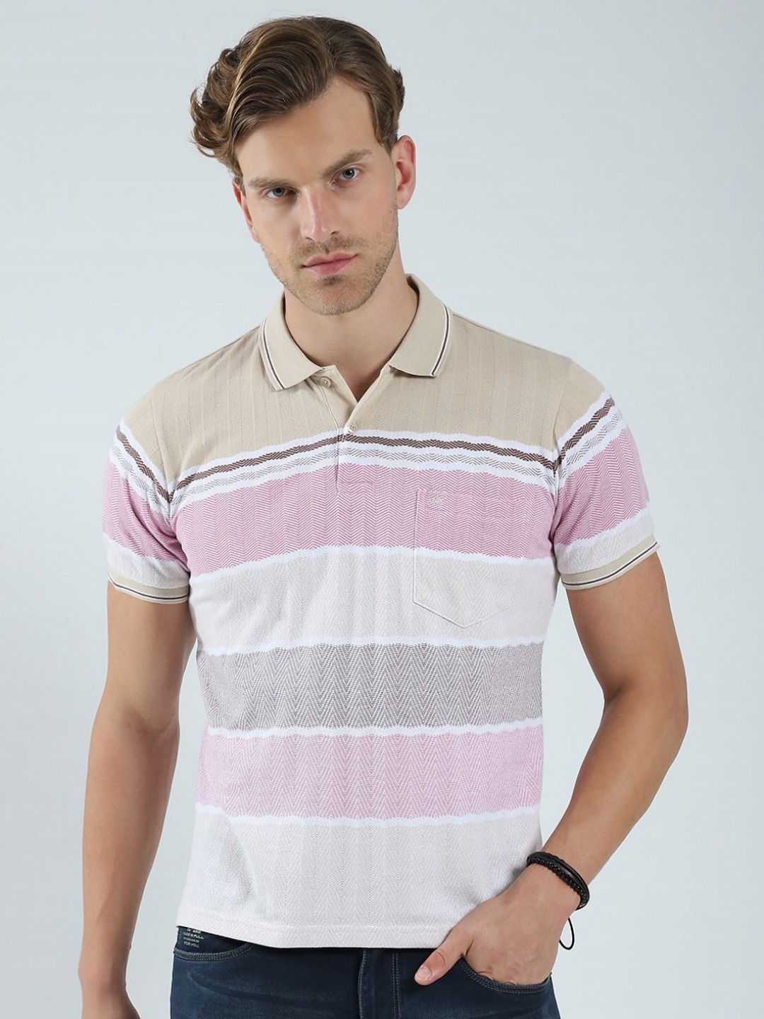 

Monte Carlo Men Striped Polo Collar Pockets T-shirt, Beige