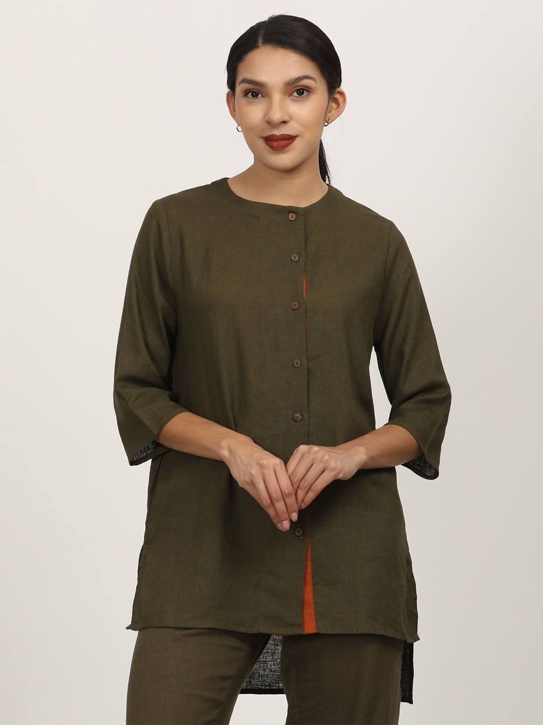 

Saltpetre Women Relaxed Fit Collarless Solid Linen Longline Shirt, Olive