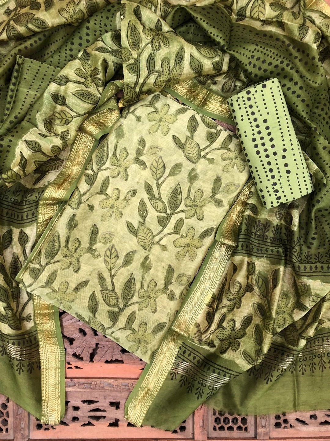 

PALASH Floral Block Printed Pure Silk Unstitched Dress Material, Green