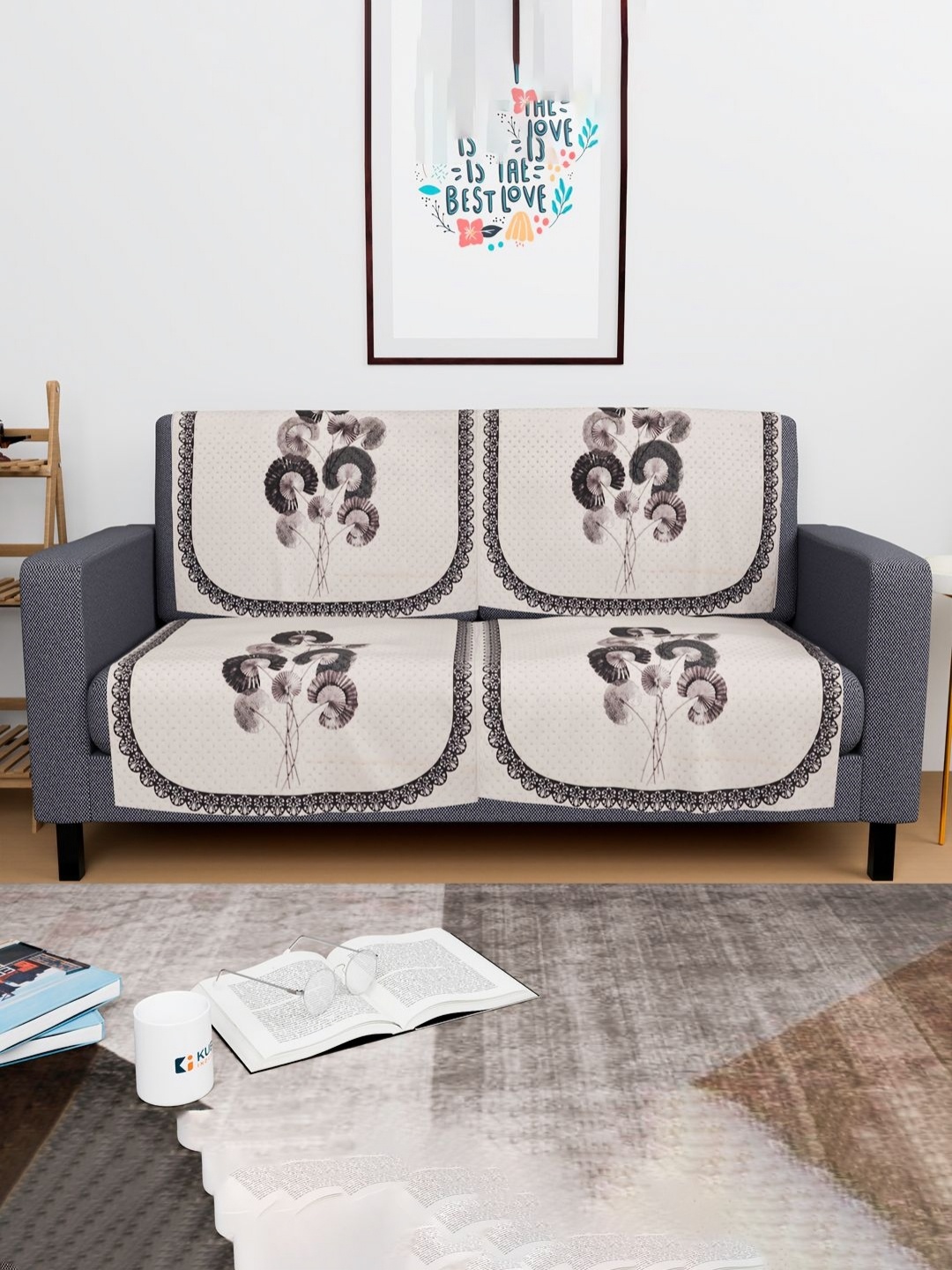 

Aura Cream-Coloured & Green 4 Pieces Floral Printed Velvet 2 Seater Sofa Covers