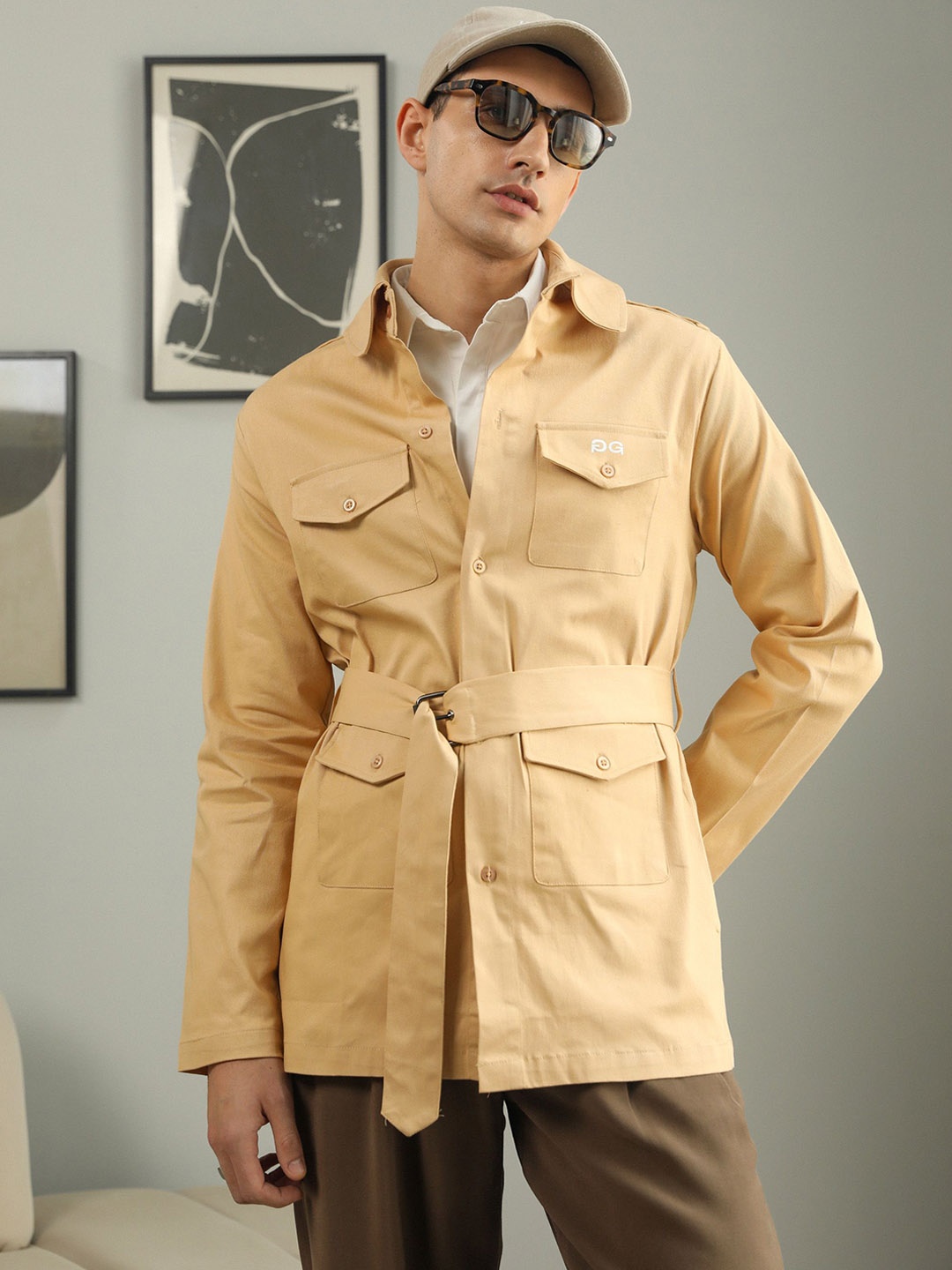 

PRIMAL GRAY Men Solid Cotton Longline Trench Coat, Beige