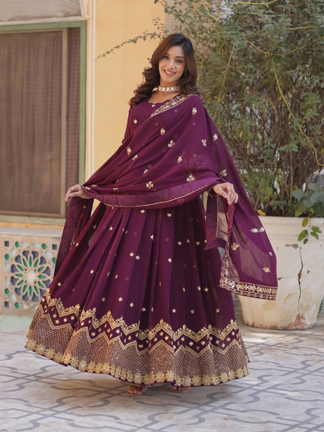 

ZIBLON Floral Embroidered Round Neck Thread Work Georgette Ethnic Dress With Dupatta, Purple