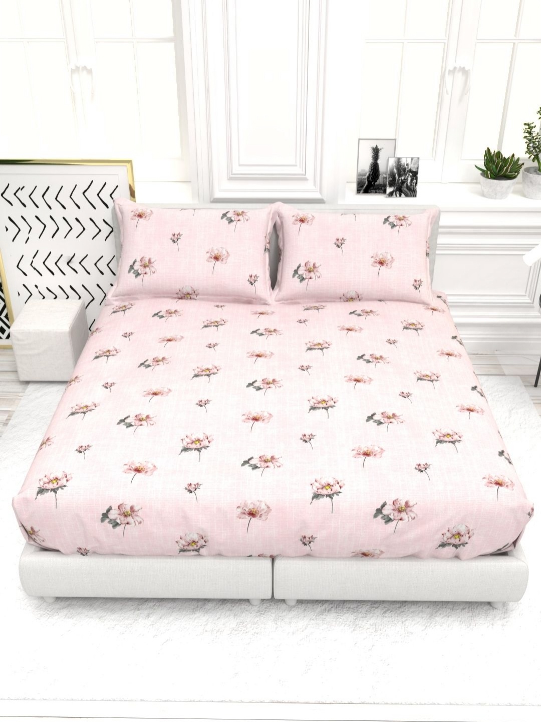

THE WHITE MOSS Pink & Grey Printed 210 TC Queen Bedsheet Set - 2.25 m X 2.55 m