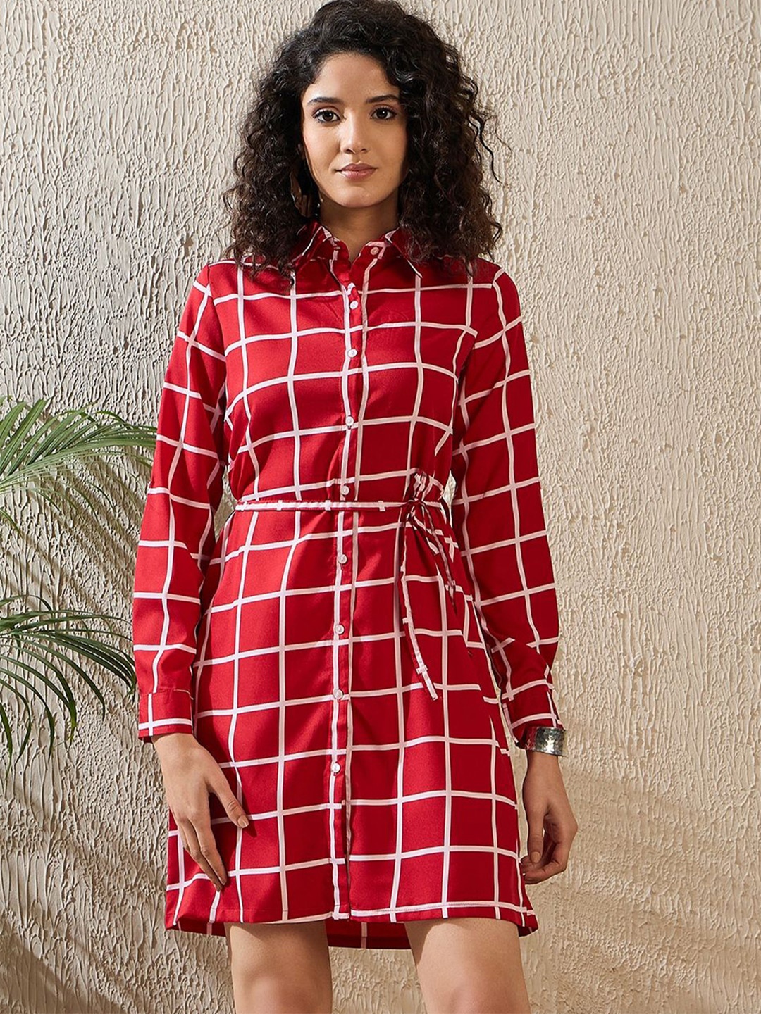 

StyleStone Checked Crepe Shirt Dress, Red