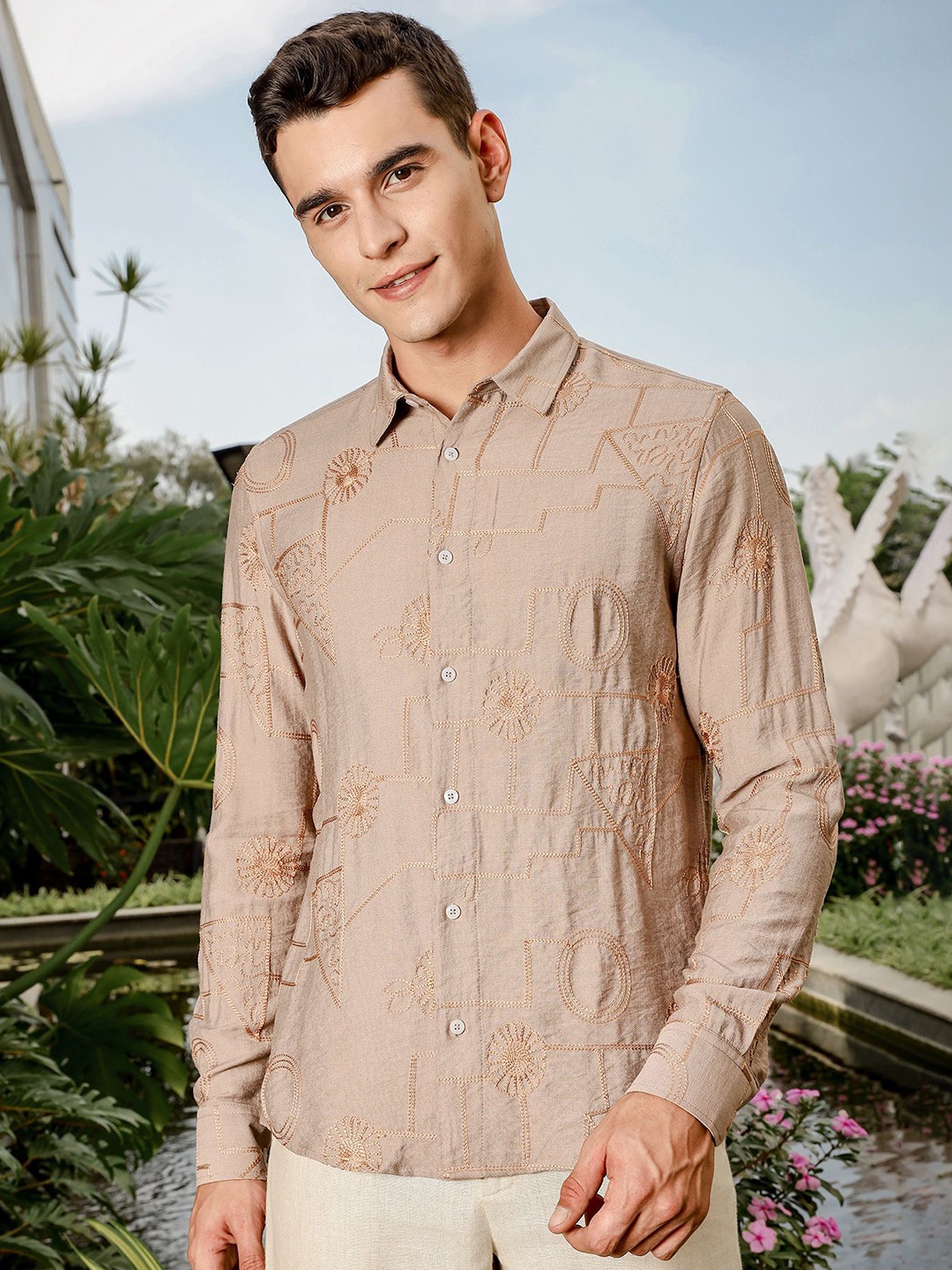 

Thomas Scott Men Regular Fit Long Sleeves Embroidered Shirt, Beige