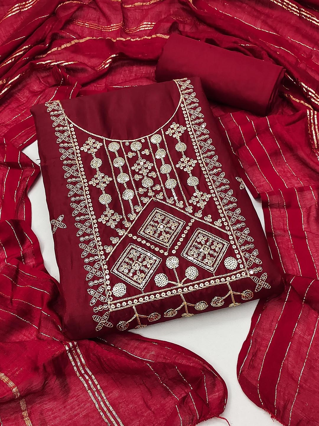 

SHADOW & SAINING Floral Embroidered Sequinned Parampara Silk Unstitched Dress Material, Maroon