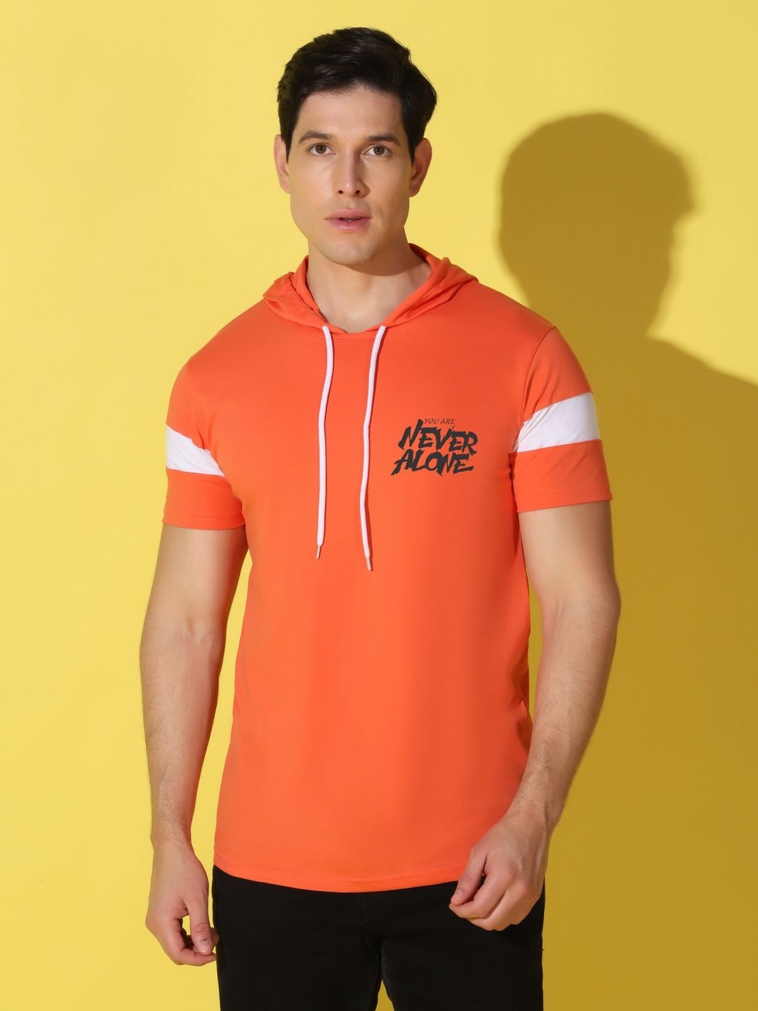 

WOOSTRO Men Typography Printed Hooded Slim Fit T-shirt, Orange