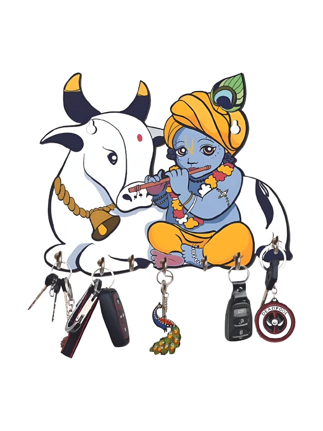 

Webelkart White & Yellow Cow With Krishna Wooden Key Holder