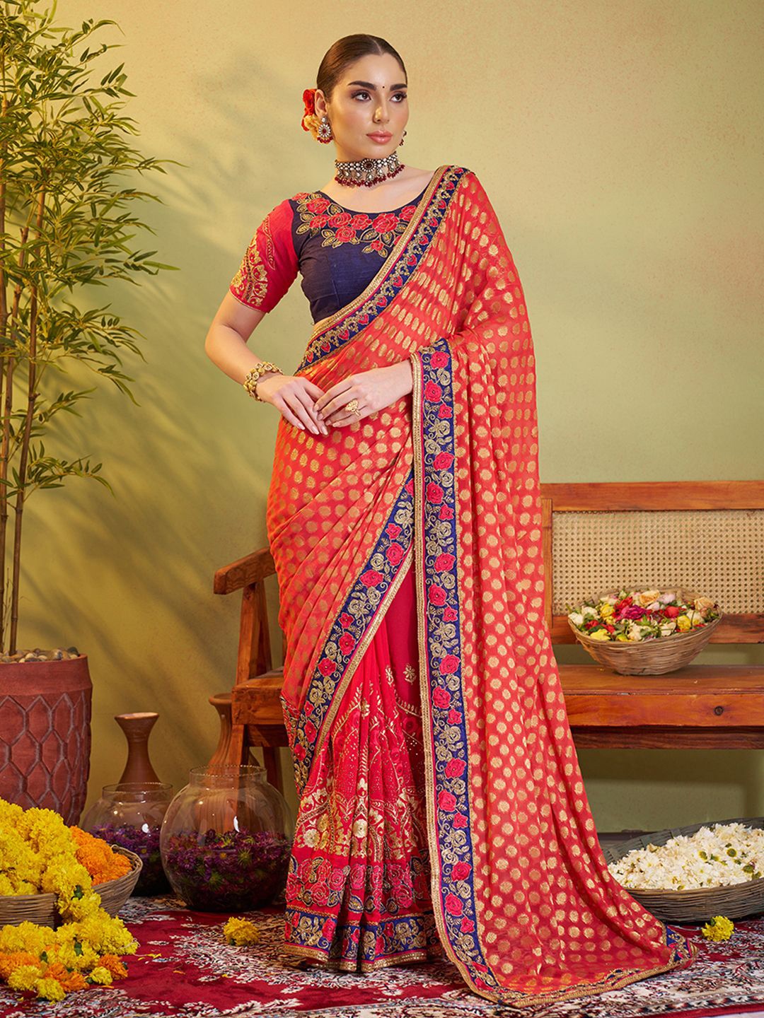 

Kalista Floral Woven Design Embroidered Saree, Red