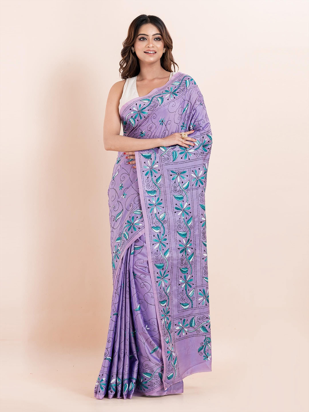 

PUKU Ethnic Motifs Printed Kantha Work Heavy Work Saree, Mauve