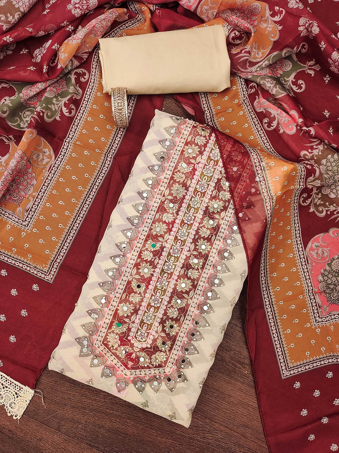 

SHADOW & SAINING Ethnic Motifs Printed Organza Semi-Stitched Dress Material, Cream
