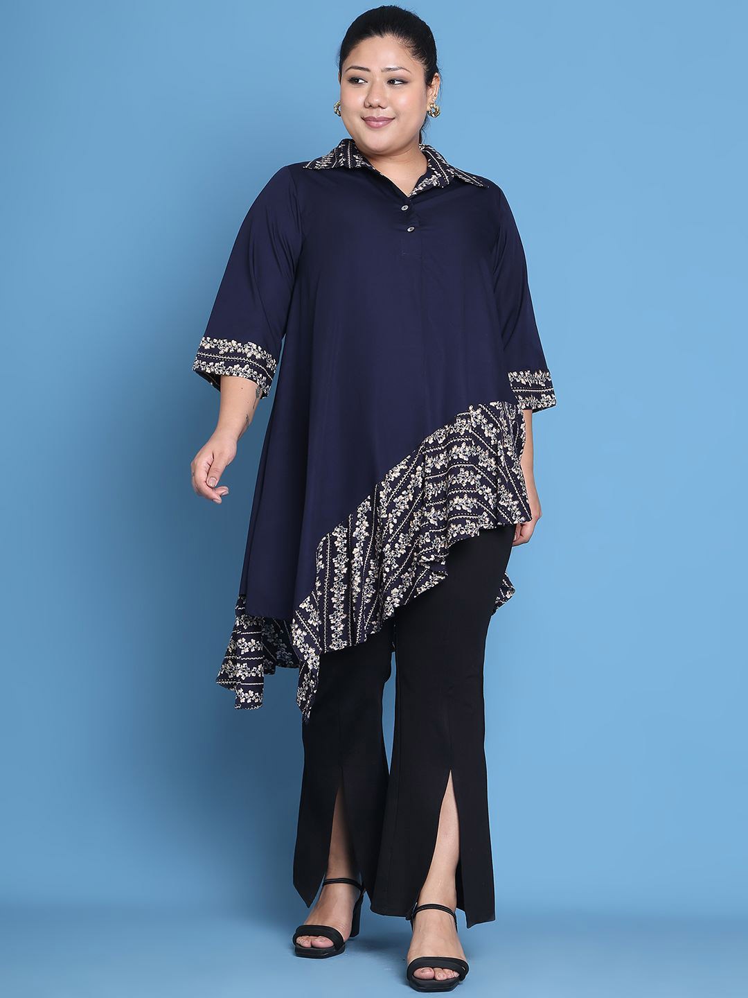 

theRebelinme Floral Print Longline Top, Navy blue