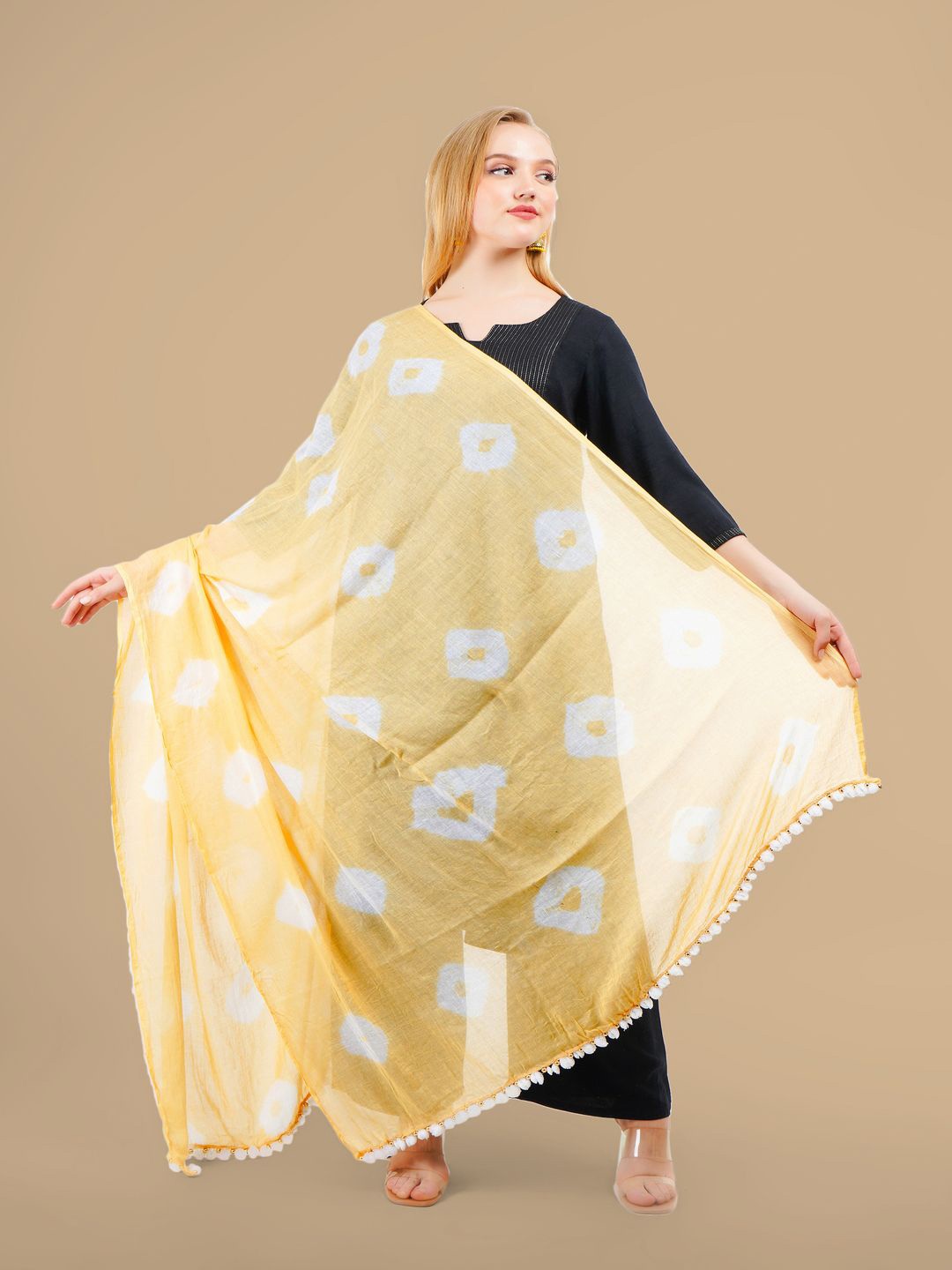 

Karthav Fashion Bandhani Printed Cotton Tasselled Dupatta, Beige