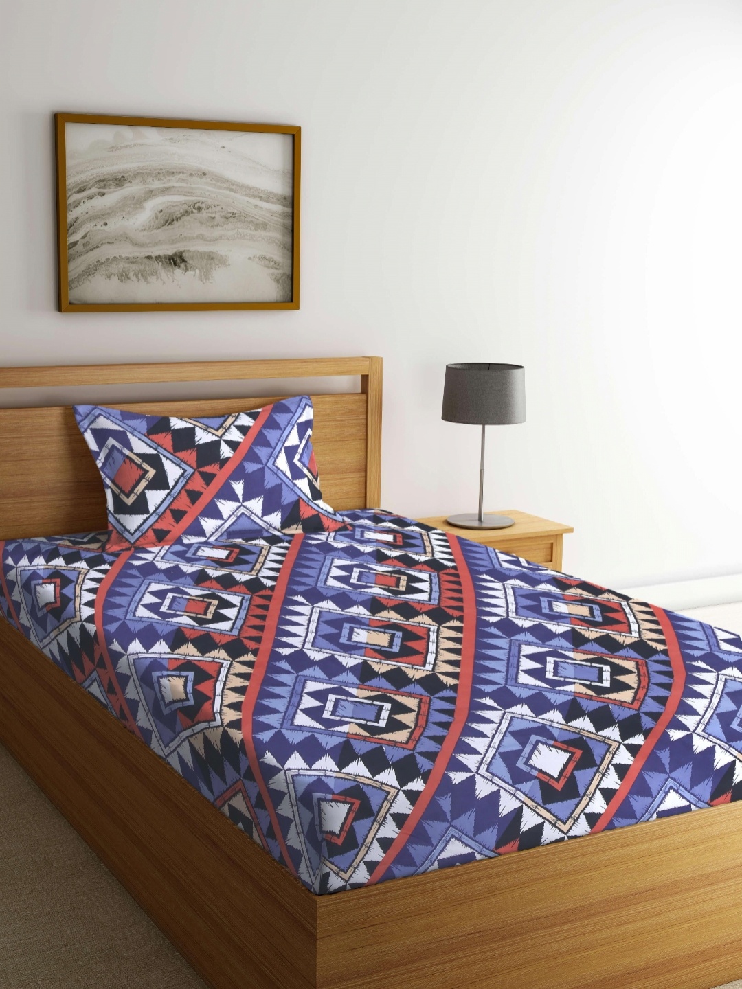 

Myntra Elegant Homes Blue Geometric Printed 300 TC Single Bedsheet Set 2.2 m x 1.5 m