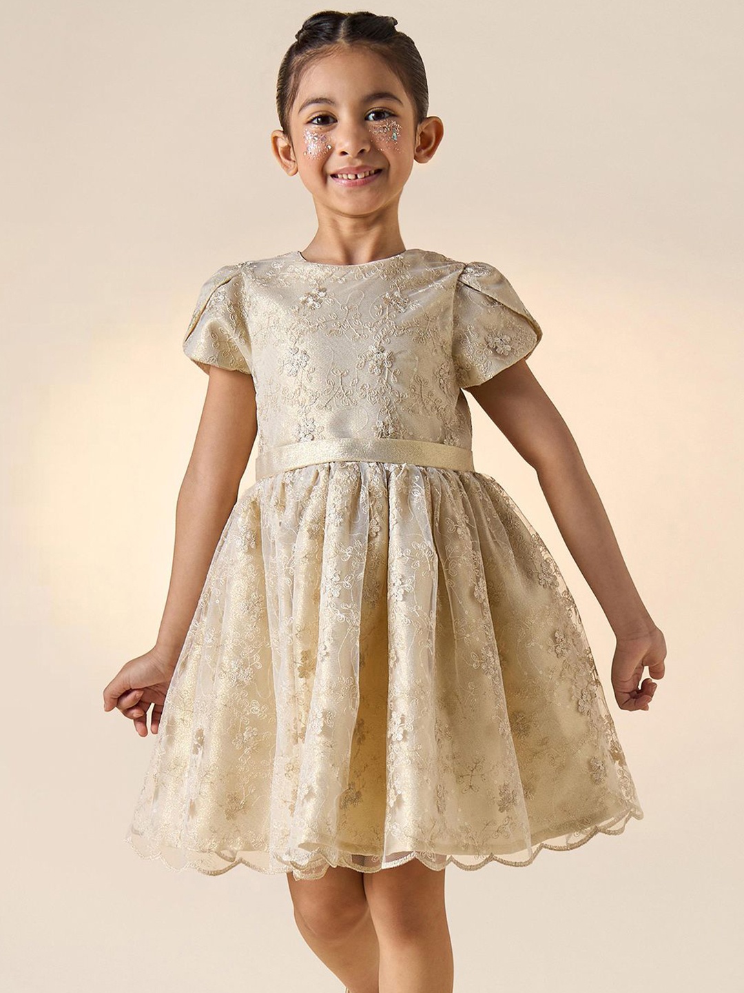 

Juniors by Babyshop Girld Floral Embroidered Fit & Flare Knee Length Dress, Gold