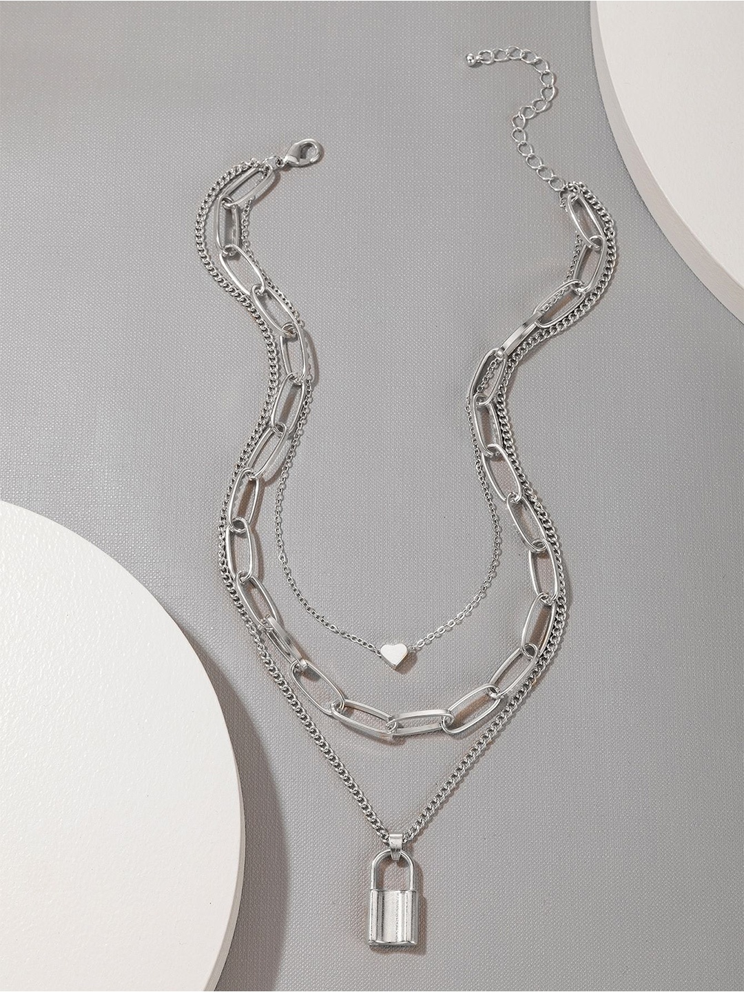 

DressBerry Link Chain Heart & Lock Multi Layered Statement Necklace, Silver