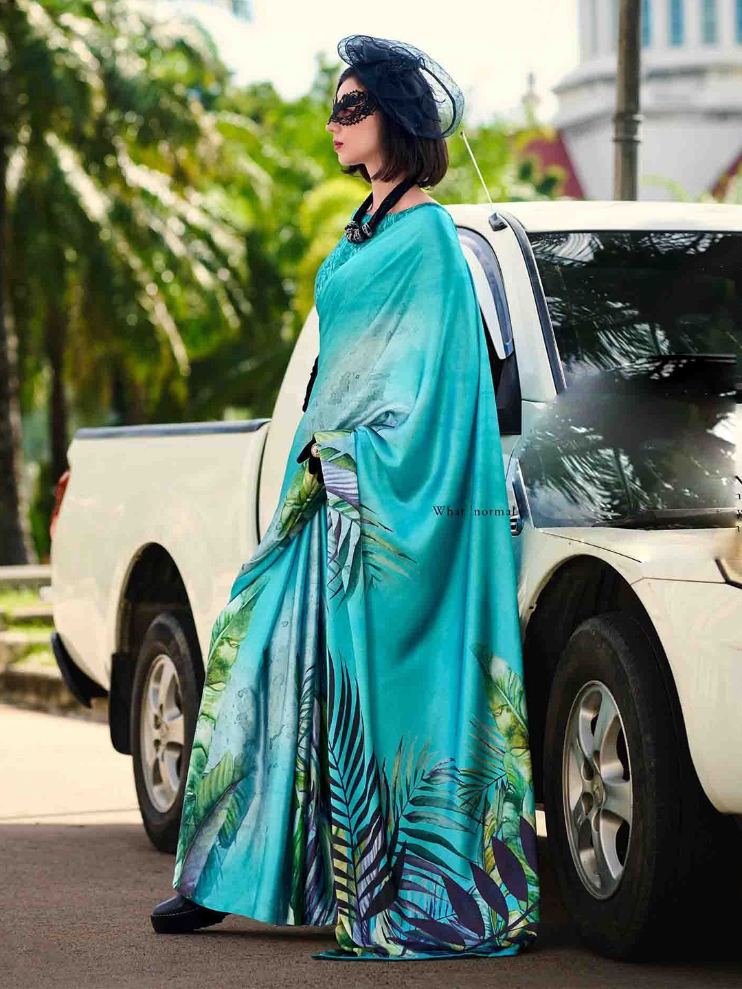 

Mitera Ethnic Motifs Printed Satin Saree, Turquoise blue