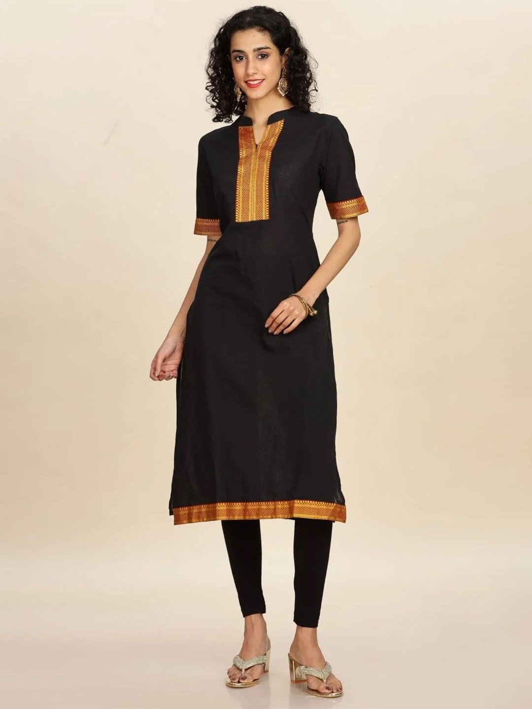 

Girly Colours Geometric Yoke Design Mandarin Collar Pure Cotton Straight Kurta, Black