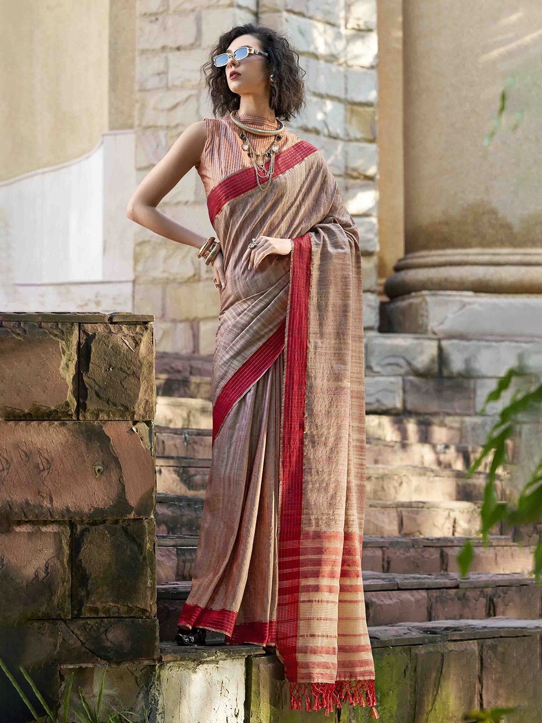 

Mitera Striped Saree, Brown
