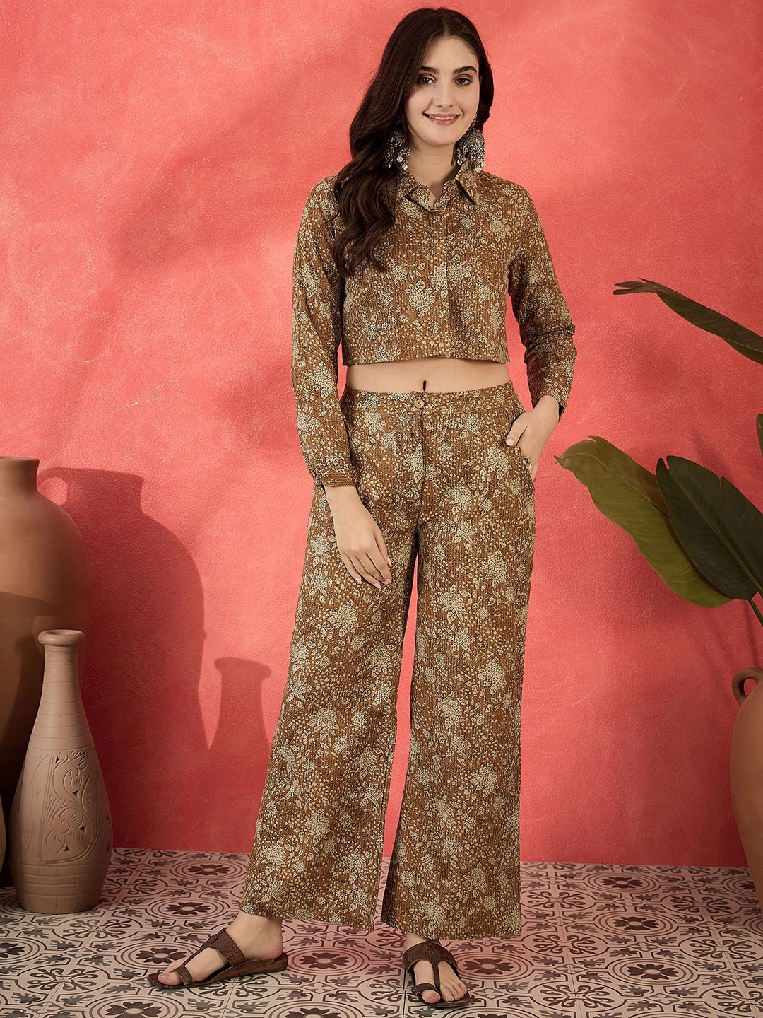 

Sangria Printed Shirt Collar Pure Cotton Shirt With Palazzo, Brown