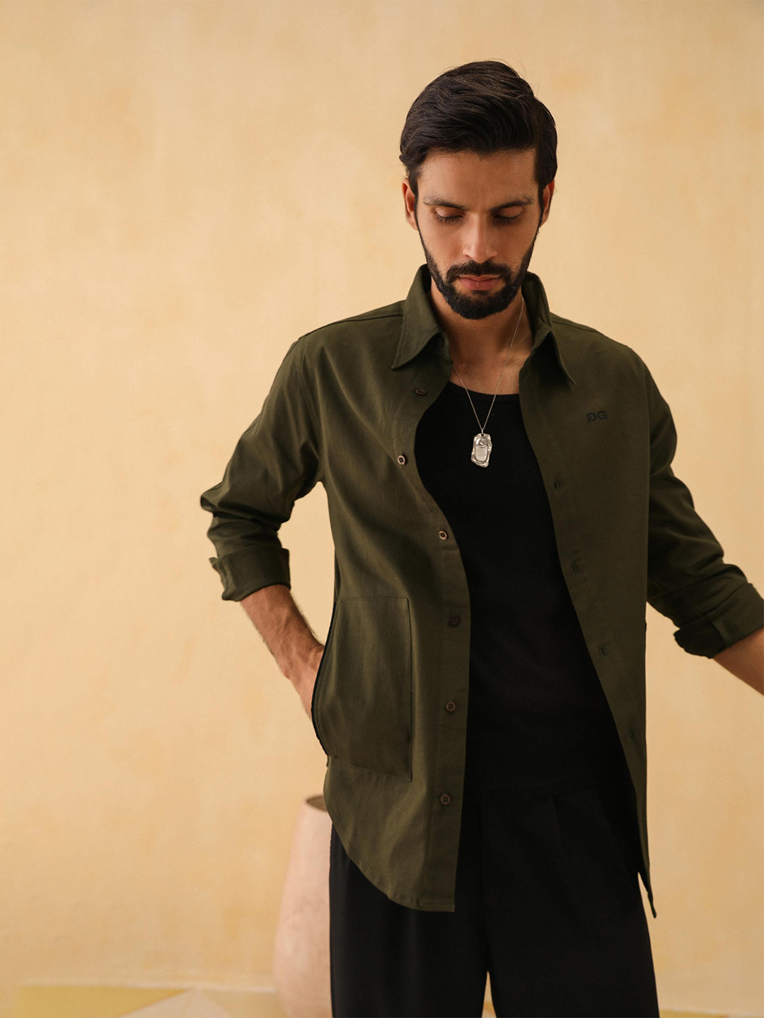

PRIMAL GRAY Men Spread Collar Solid Cotton Casual Shirt, Olive