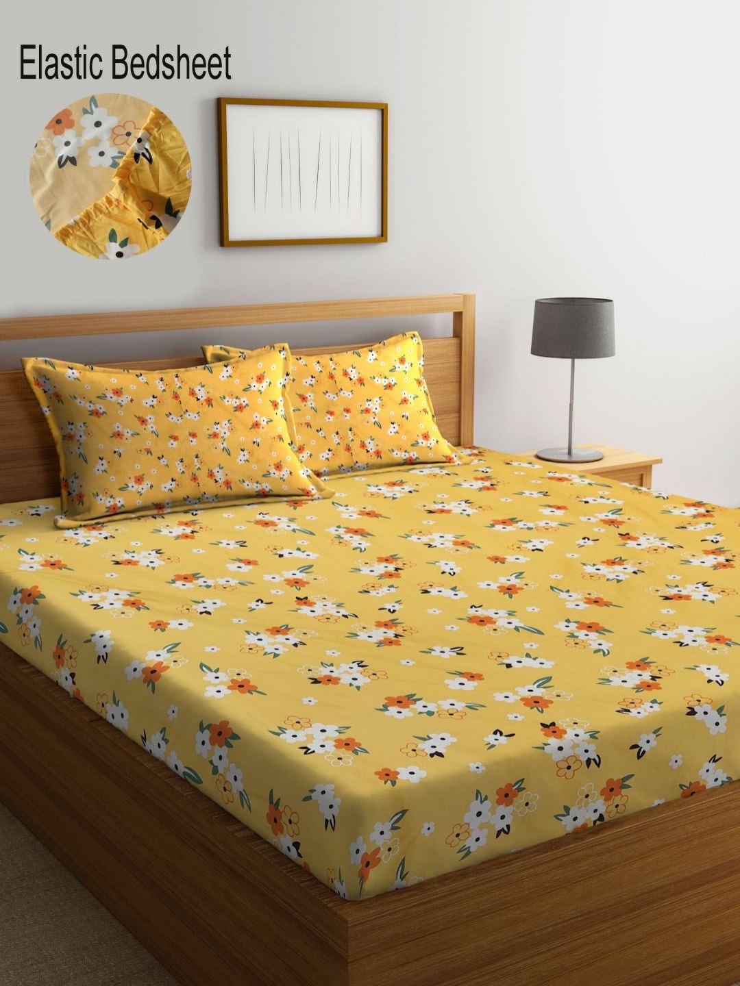 

Myntra Elegant Homes Yellow & White Floral 300 TC King Bedsheet with 2 Pillow Covers