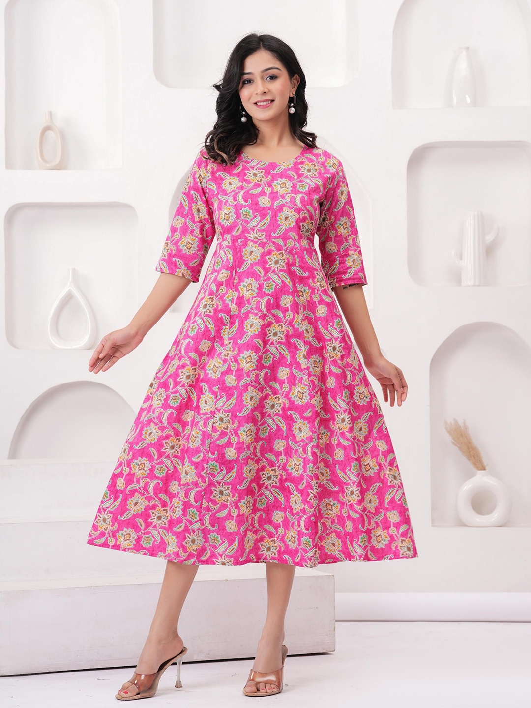 

Sanganeri Kurti Floral Print Fit & Flare Round Neck Midi Dress, Pink