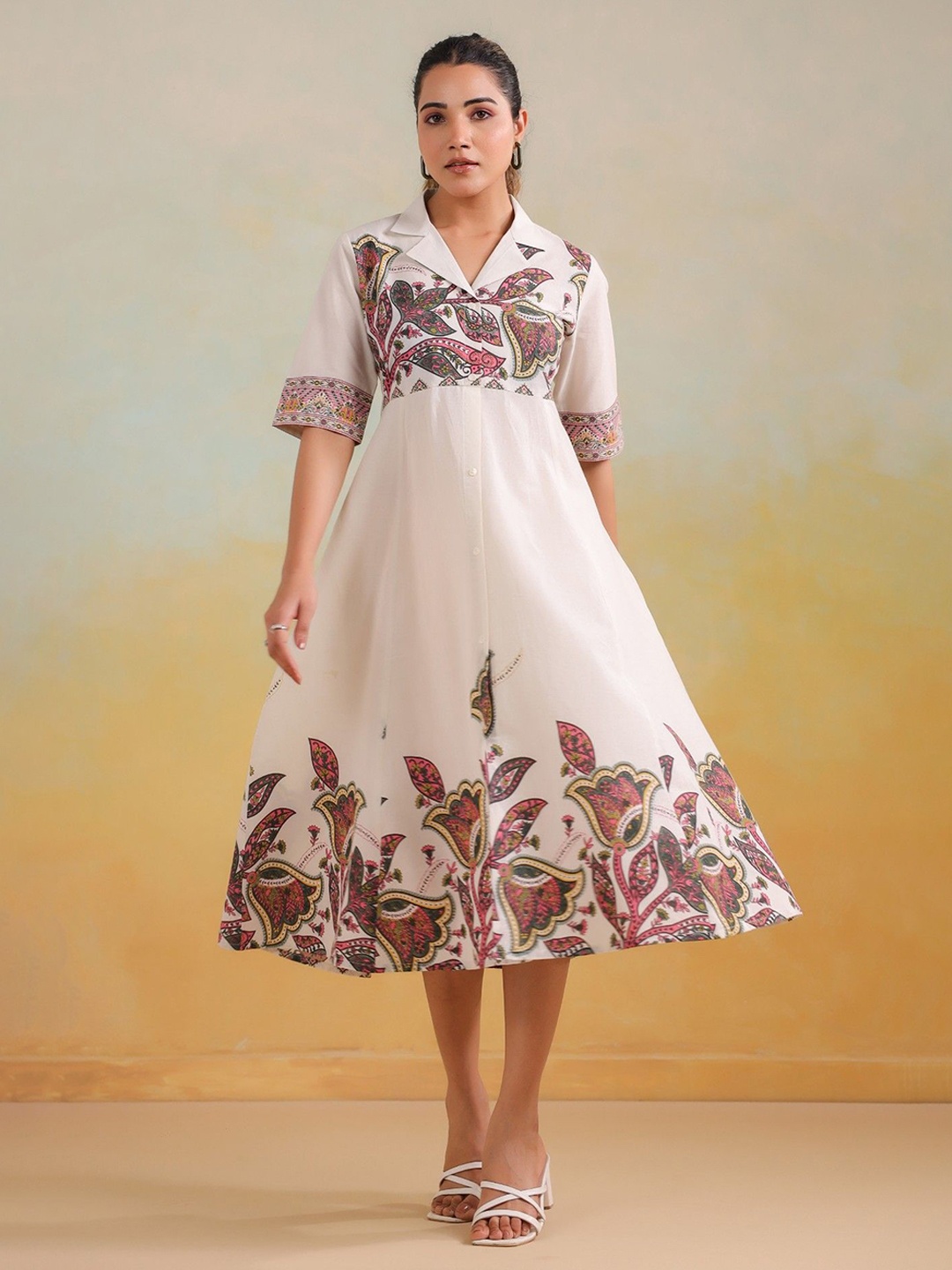 

FLAVIA CREATION Women Floral Print Shirt Collar A Line Dress, White