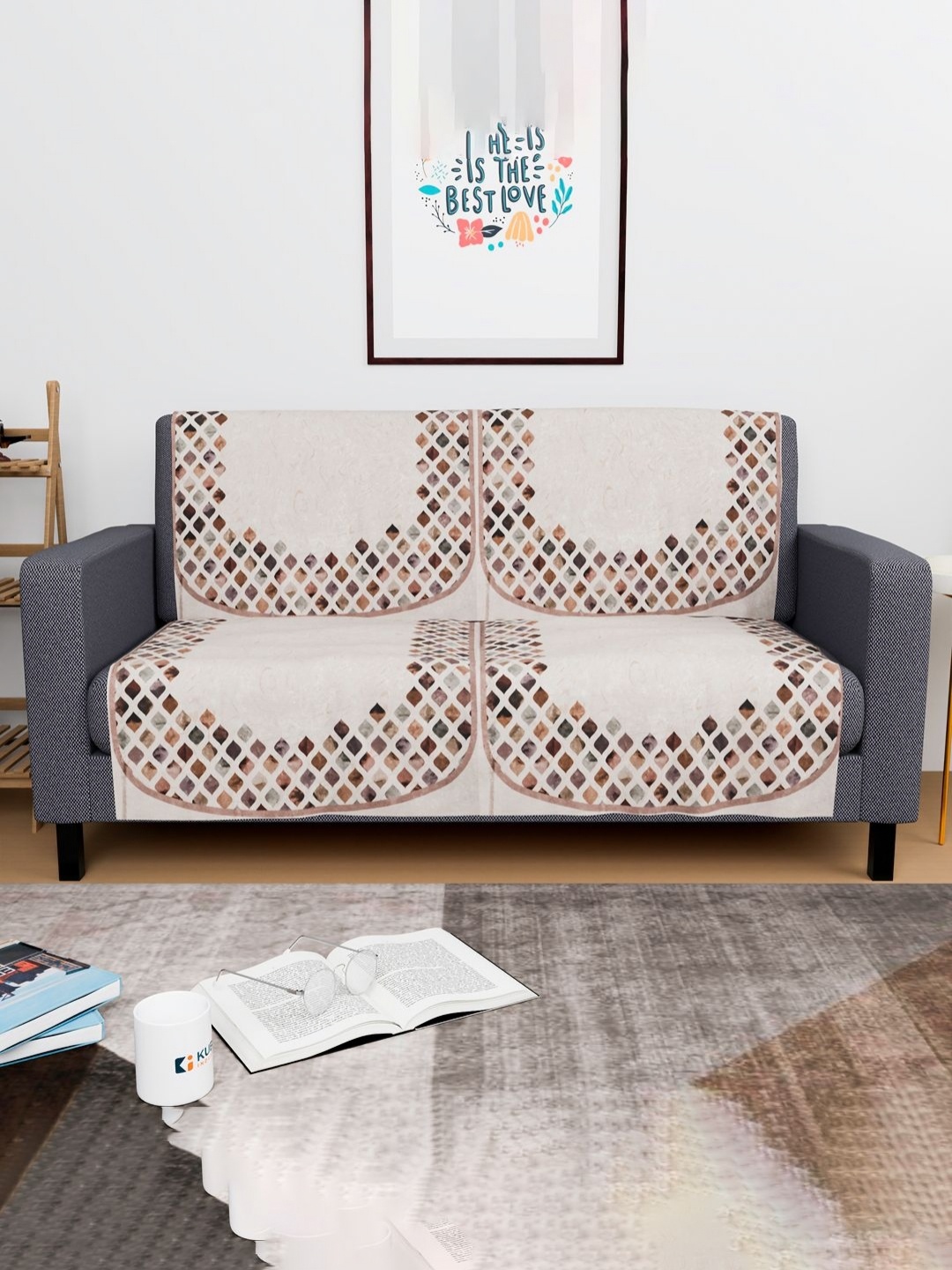 

Aura 4 Pieces Cream & Brown Geometric Printed Velvet Sofa Covers