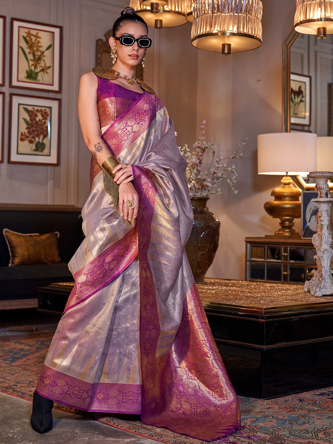 

Vardha Zari Silk Blend Ikat Saree, Grey