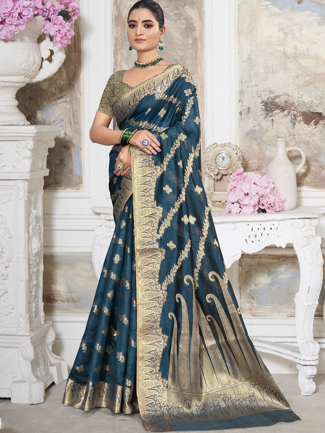 

SANGAM PRINTS Ethnic Motifs Woven Design Zari Tussar Saree, Blue