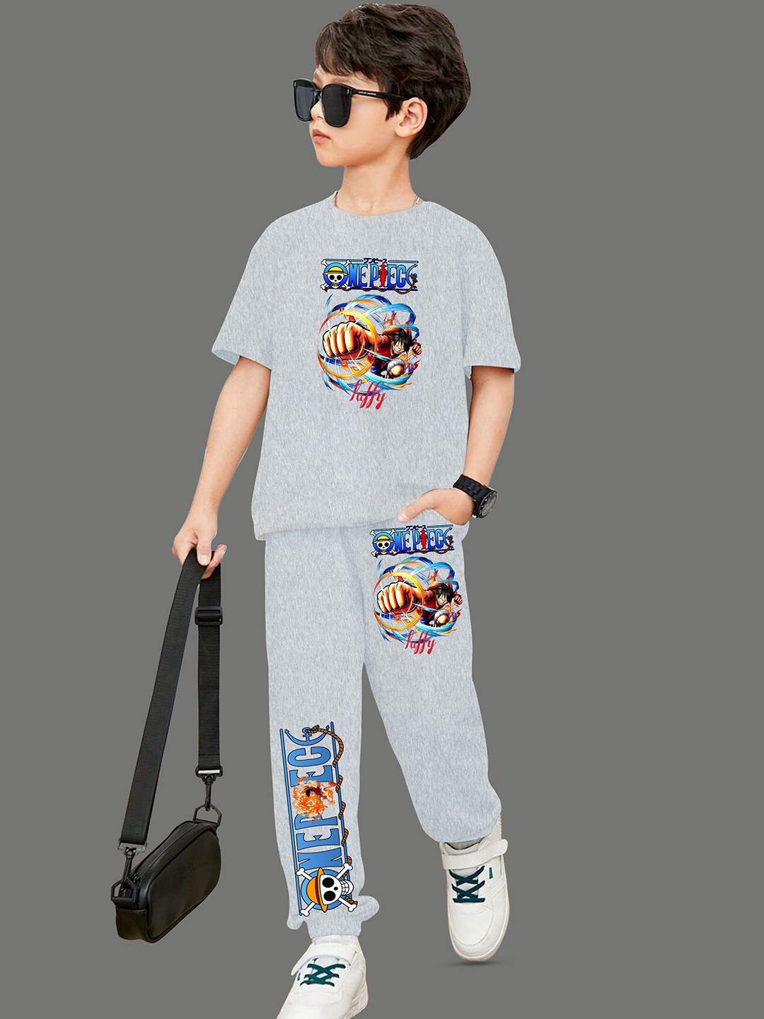 

MODARUE Boys Anime Printed Round Neck T-Shirt With Jogger, Grey