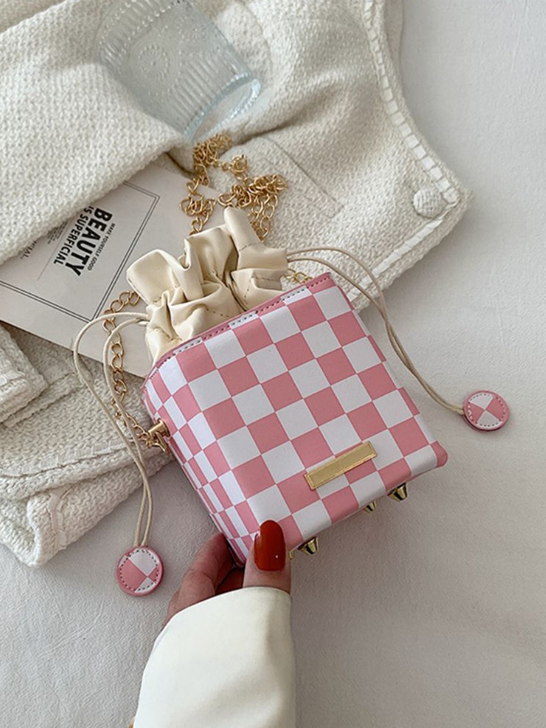 

DressBerry Checked PU Bucket Shoulder Bag with, Pink
