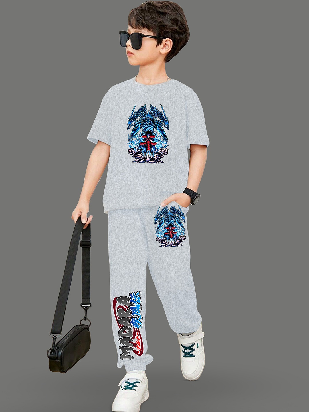 

MODARUE Boys Anime Printed Round Neck T-shirt With Joggers, Grey