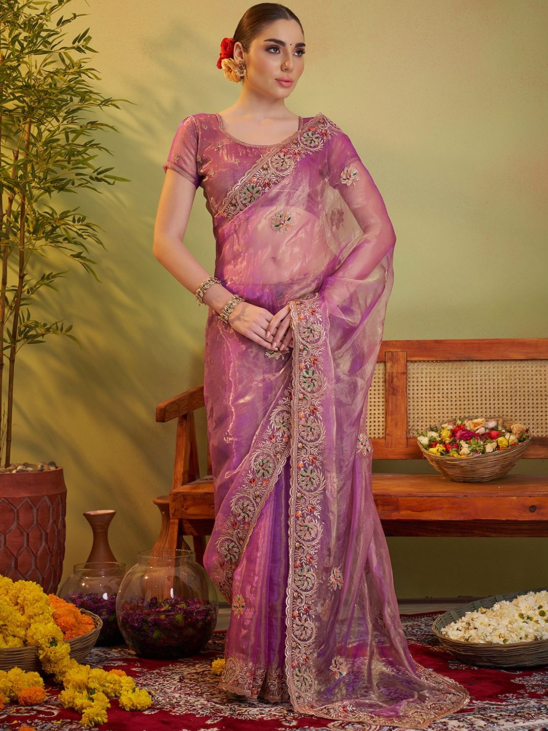 

Mitera Floral Embroidered Saree, Purple