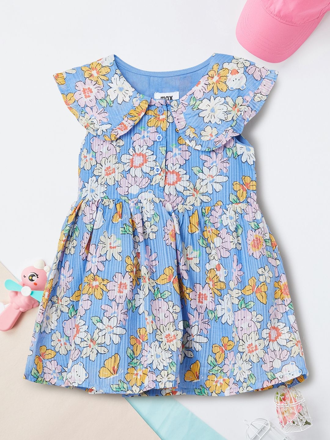 

max Girls Floral Cotton Printed Fit & Flare Ready to Wear Dress, Blue