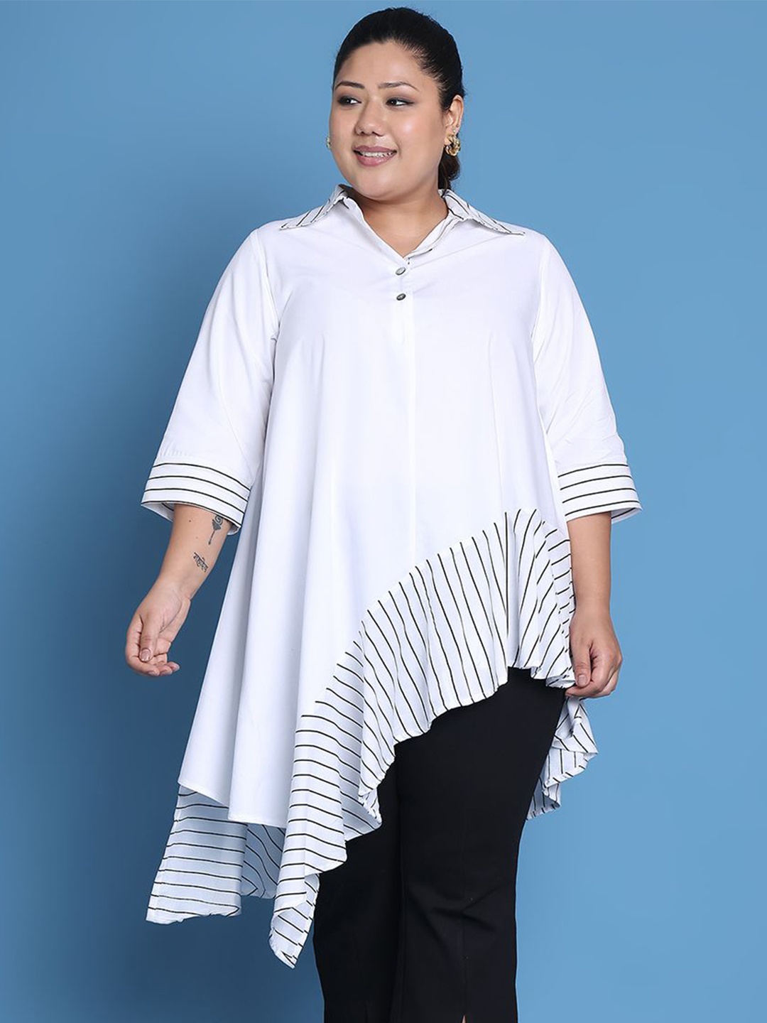 

theRebelinme Plus Size Striped Shirt Collar Tunic, White