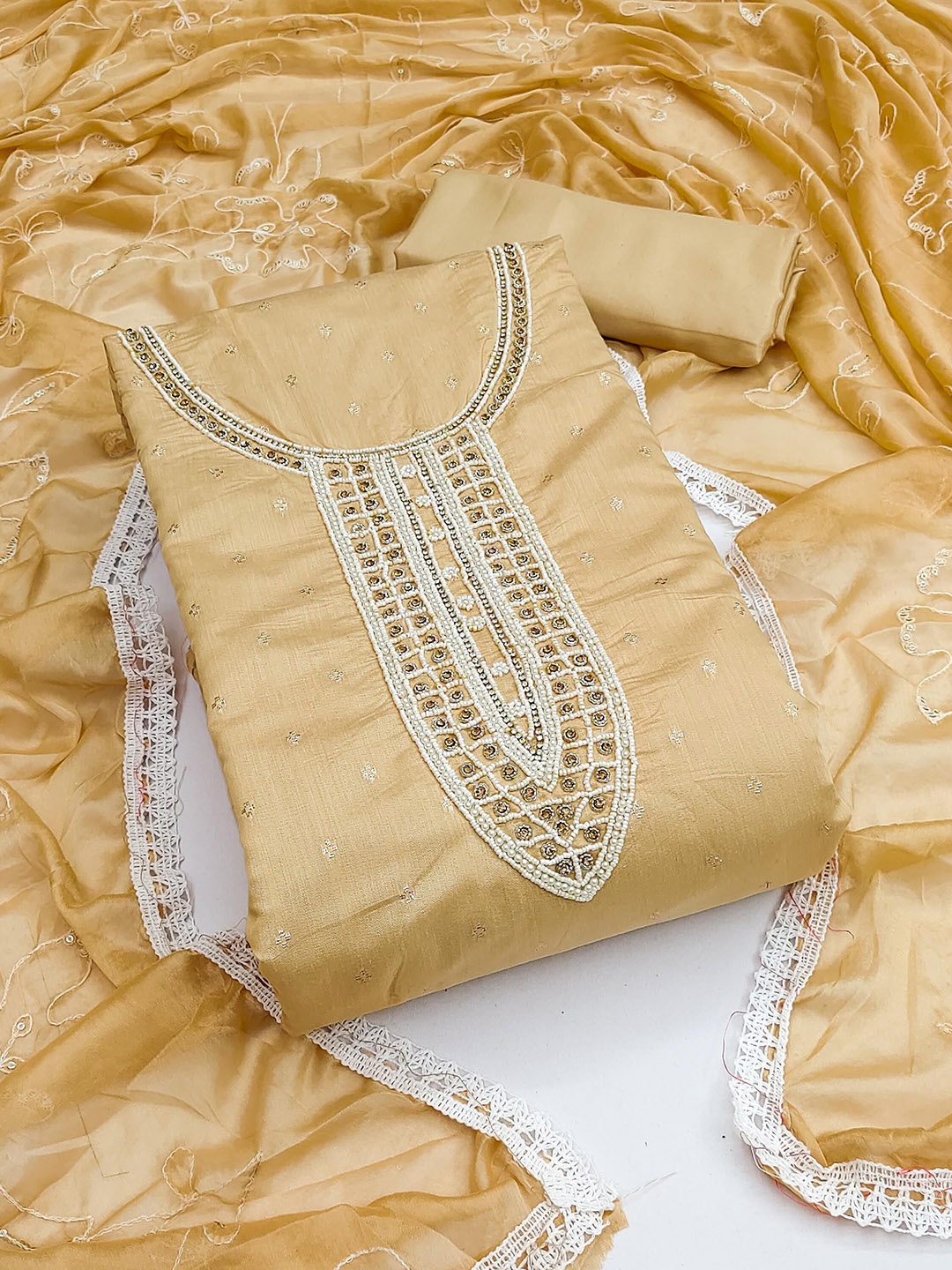 

SHADOW & SAINING Floral Woven Design Beads and Stones Unstitched Dress Material, Beige